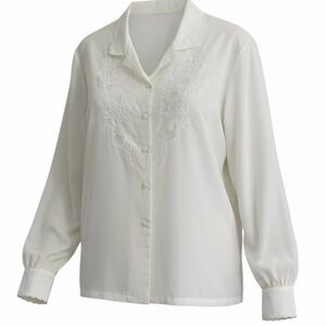 Vintage Hand Embroidered Cut Work Blouse Size 46 Button Down Floral Cottagecore